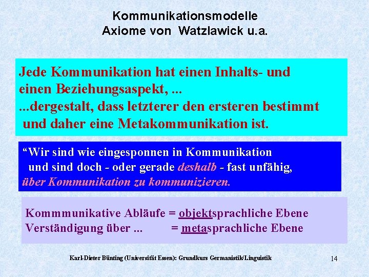 Kommunikationsmodelle Axiome von Watzlawick u. a. Jede Kommunikation hat einen Inhalts- und einen Beziehungsaspekt,