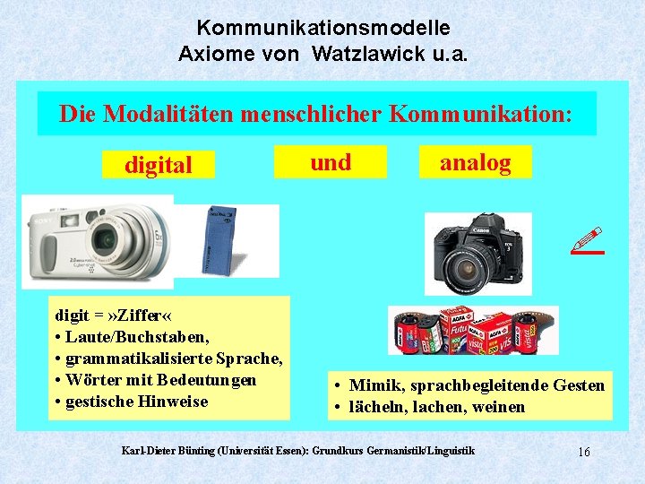 Kommunikationsmodelle Axiome von Watzlawick u. a. Die Modalitäten menschlicher Kommunikation: digital und analog digit