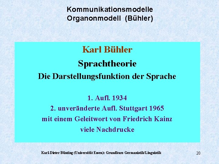 Kommunikationsmodelle Organonmodell (Bühler) Karl Bühler Sprachtheorie Darstellungsfunktion der Sprache 1. Aufl. 1934 2. unveränderte