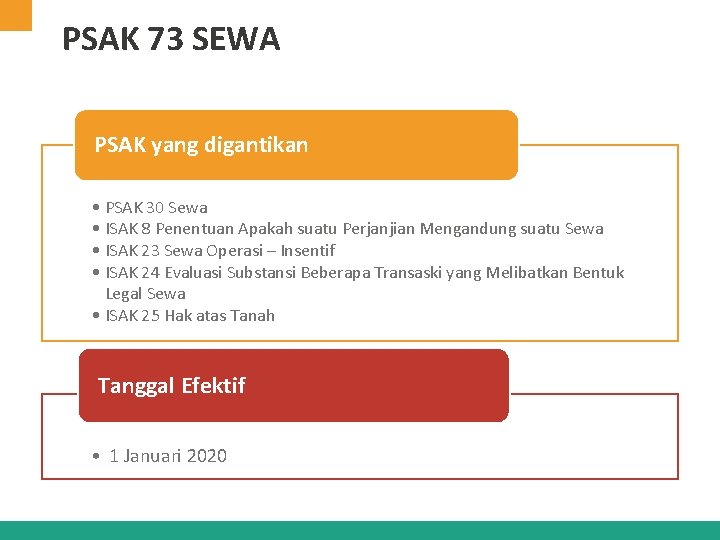 PSAK 73 SEWA PSAK yang digantikan • PSAK 30 Sewa • ISAK 8 Penentuan