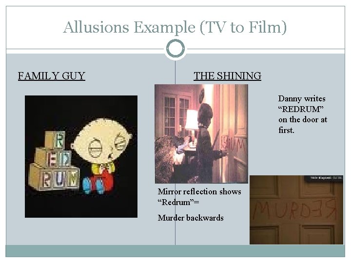 Allusions Example (TV to Film) FAMILY GUY THE SHINING Danny writes “REDRUM” on the