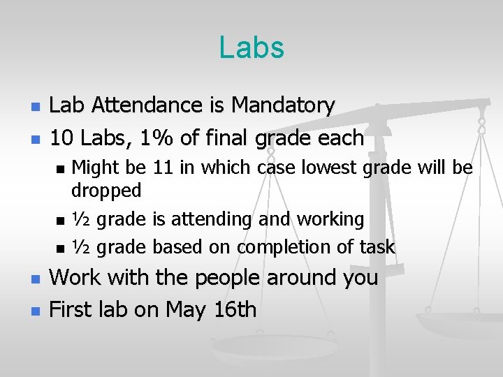 Labs n n Lab Attendance is Mandatory 10 Labs, 1% of final grade each Labs n n Lab Attendance is Mandatory 10 Labs, 1% of final grade each
