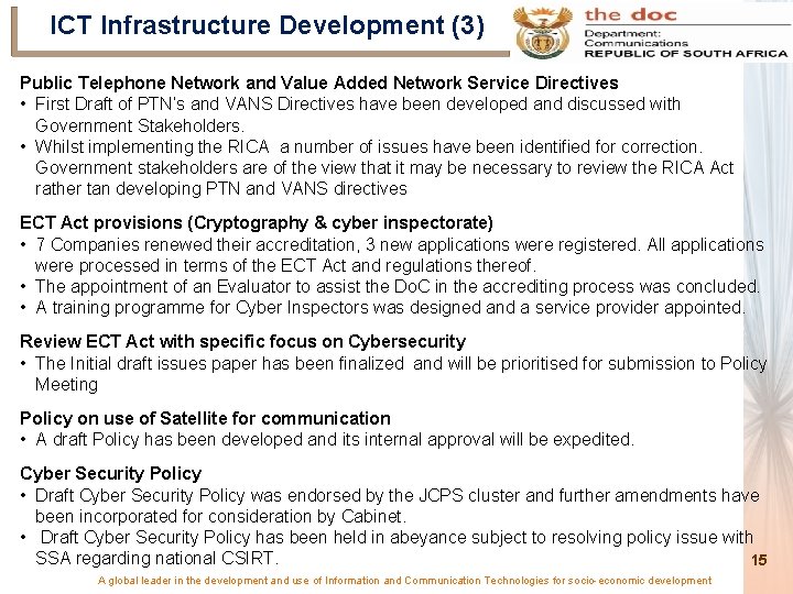 ICT Infrastructure Development (3) Public Telephone Network and Value Added Network Service Directives •