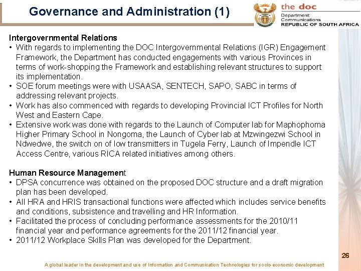 Governance and Administration (1) Intergovernmental Relations • With regards to implementing the DOC Intergovernmental