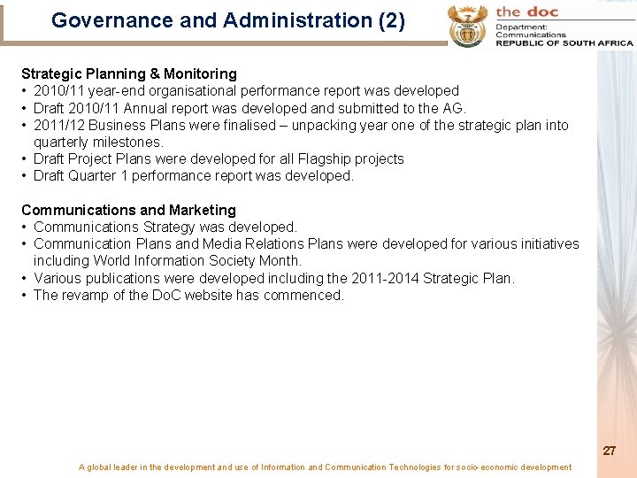 Governance and Administration (2) Strategic Planning & Monitoring • 2010/11 year-end organisational performance report