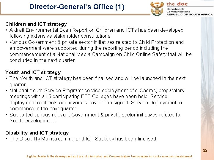 Director-General’s Office (1) Children and ICT strategy • A draft Environmental Scan Report on