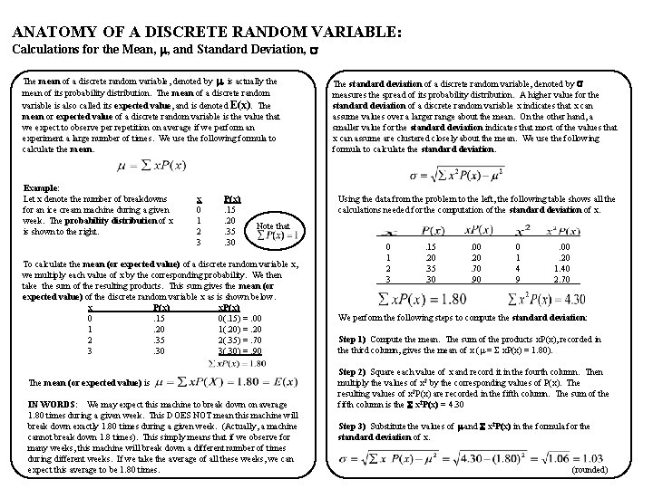 ANATOMY OF A DISCRETE RANDOM VARIABLE: Calculations for the Mean, m, and Standard Deviation,