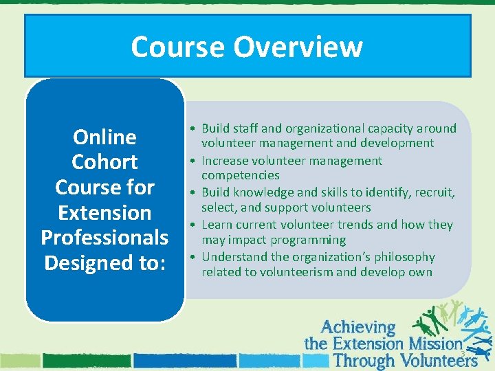 Course Overview Online Cohort Course for Extension Professionals Designed to: • Build staff and