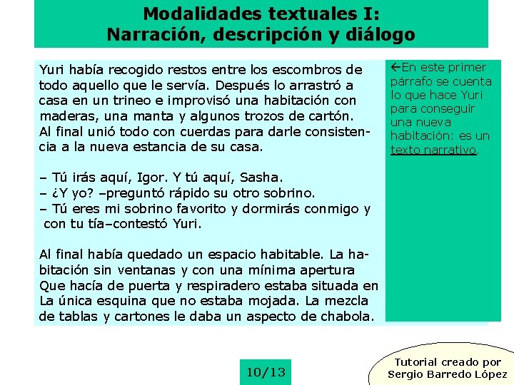 Modalidades textuales I: Narración, descripción y diálogo Yuri había recogido restos entre los escombros