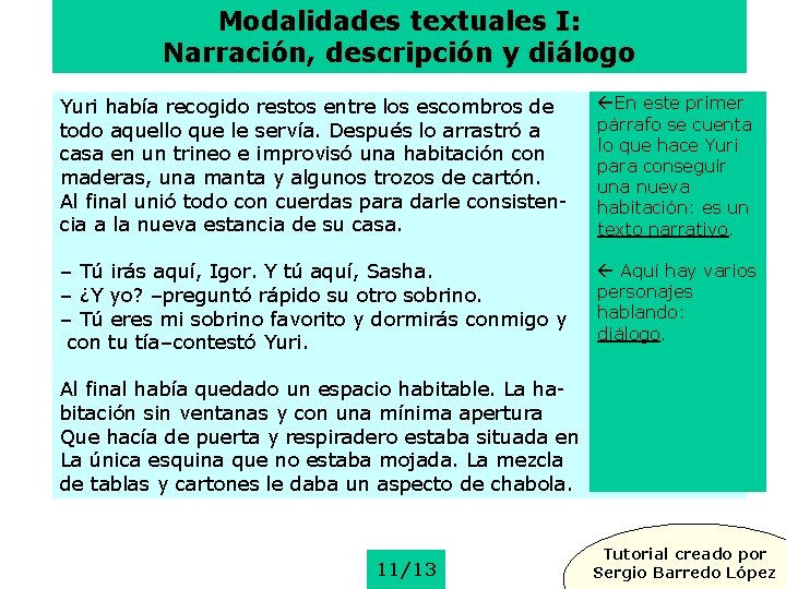Modalidades textuales I: Narración, descripción y diálogo Yuri había recogido restos entre los escombros