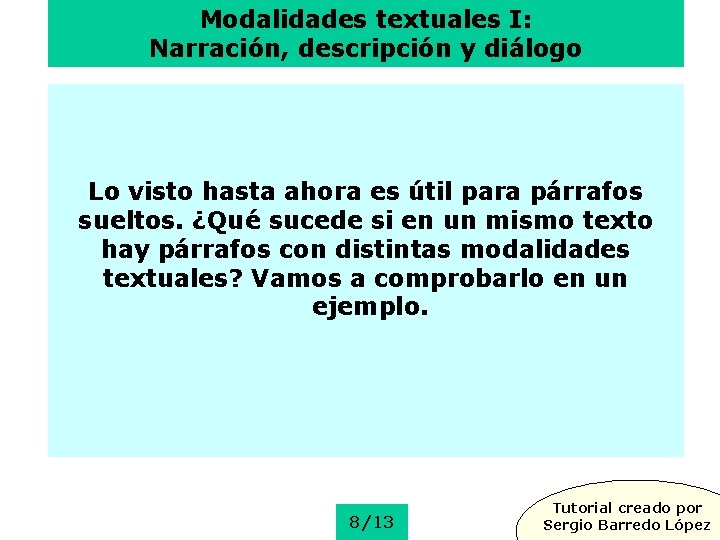 Modalidades textuales I: Narración, descripción y diálogo Lo visto hasta ahora es útil para