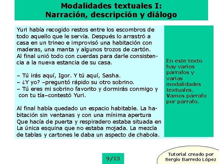 Modalidades textuales I: Narración, descripción y diálogo Yuri había recogido restos entre los escombros
