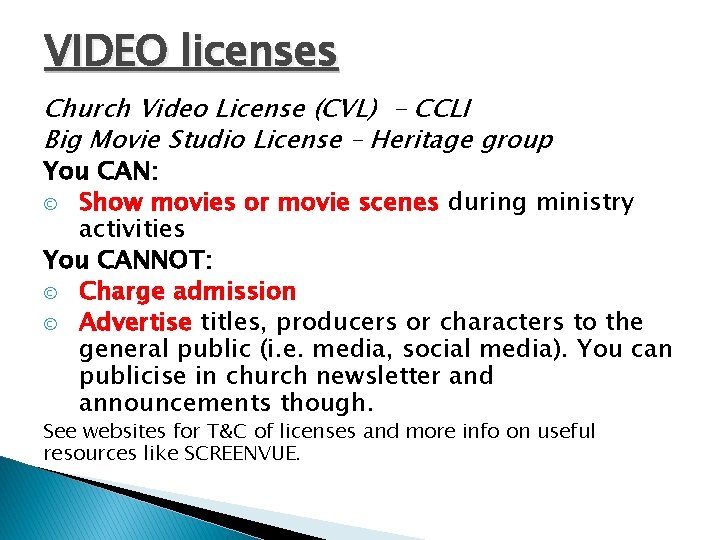 VIDEO licenses Church Video License (CVL) - CCLI Big Movie Studio License – Heritage