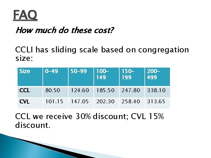 FAQ How much do these cost? CCLI has sliding scale based on congregation size: