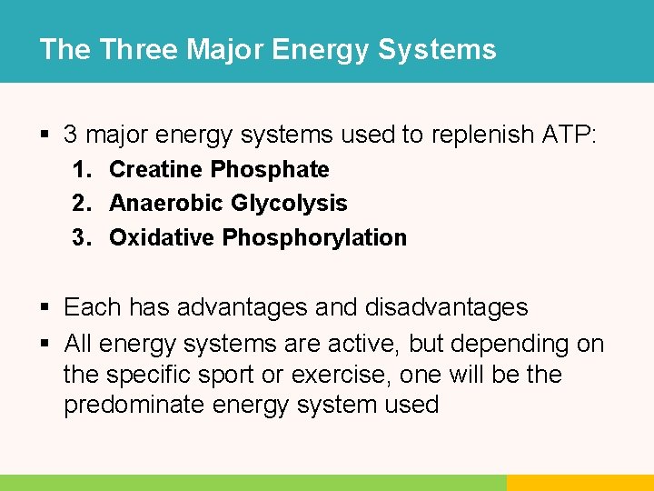 The Three Major Energy Systems § 3 major energy systems used to replenish ATP: The Three Major Energy Systems § 3 major energy systems used to replenish ATP: