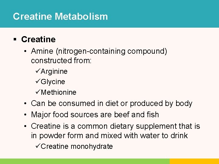 Creatine Metabolism § Creatine • Amine (nitrogen-containing compound) constructed from: üArginine üGlycine üMethionine • Creatine Metabolism § Creatine • Amine (nitrogen-containing compound) constructed from: üArginine üGlycine üMethionine •