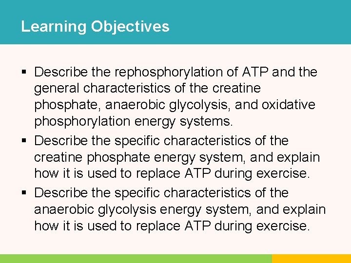 Learning Objectives § Describe the rephosphorylation of ATP and the general characteristics of the Learning Objectives § Describe the rephosphorylation of ATP and the general characteristics of the