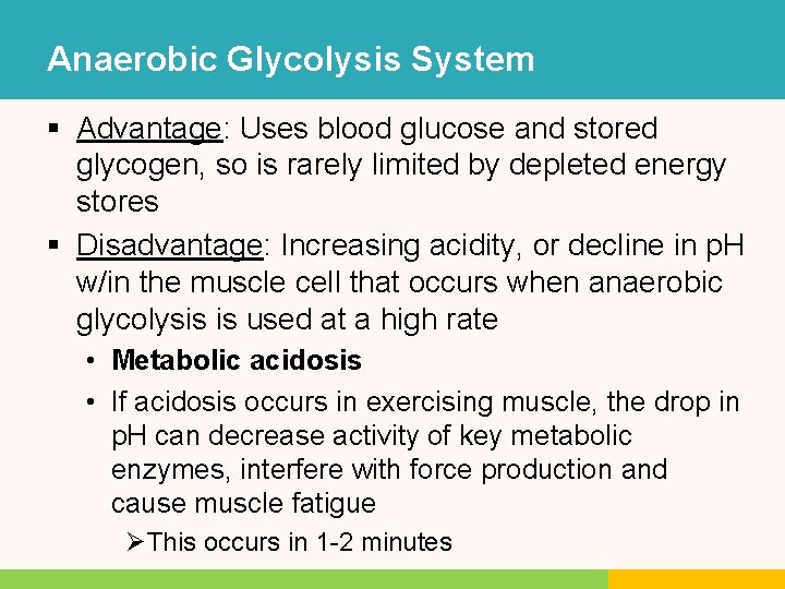 Anaerobic Glycolysis System § Advantage: Uses blood glucose and stored glycogen, so is rarely Anaerobic Glycolysis System § Advantage: Uses blood glucose and stored glycogen, so is rarely