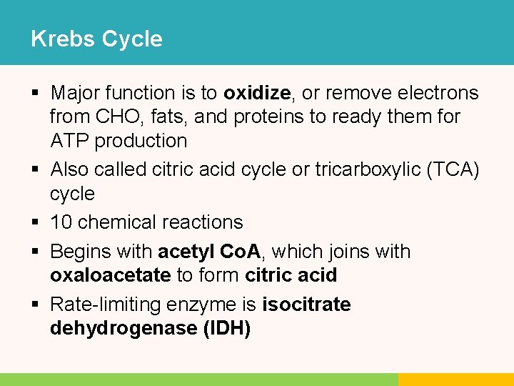 Krebs Cycle § Major function is to oxidize, or remove electrons from CHO, fats, Krebs Cycle § Major function is to oxidize, or remove electrons from CHO, fats,