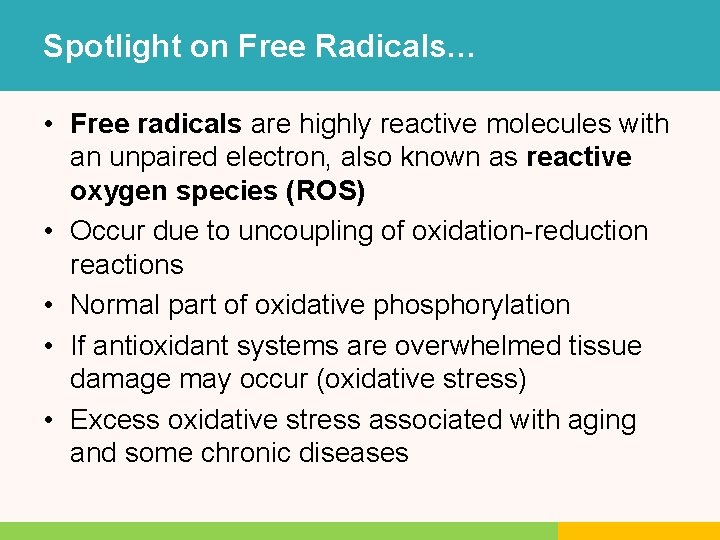 Spotlight on Free Radicals… • Free radicals are highly reactive molecules with an unpaired Spotlight on Free Radicals… • Free radicals are highly reactive molecules with an unpaired
