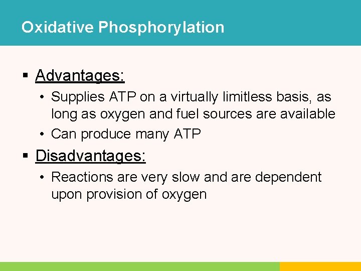 Oxidative Phosphorylation § Advantages: • Supplies ATP on a virtually limitless basis, as long Oxidative Phosphorylation § Advantages: • Supplies ATP on a virtually limitless basis, as long