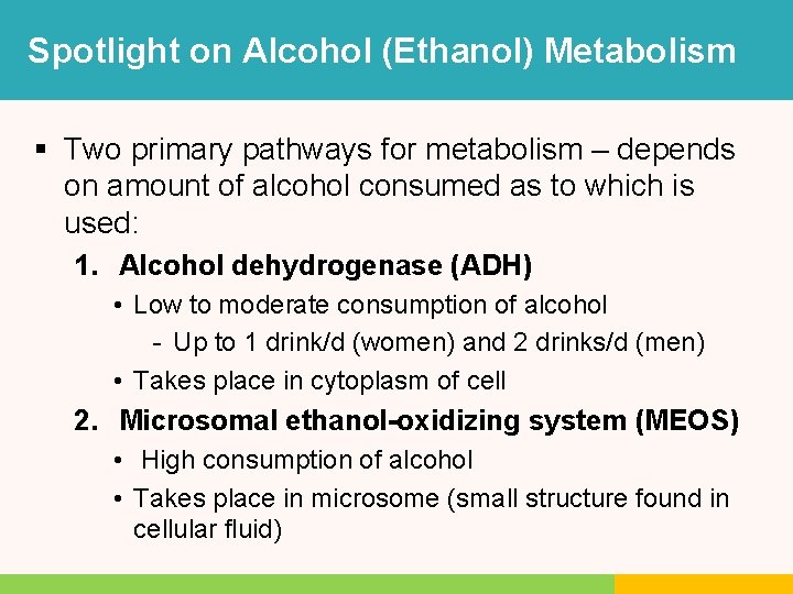 Spotlight on Alcohol (Ethanol) Metabolism § Two primary pathways for metabolism – depends on Spotlight on Alcohol (Ethanol) Metabolism § Two primary pathways for metabolism – depends on