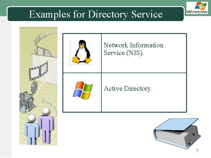 Examples for Directory Service LOGO Network Information Service (NIS). Active Directory. 7 