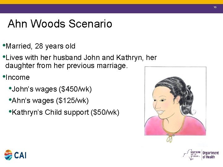 10 Ahn Woods Scenario • Married, 28 years old • Lives with her husband