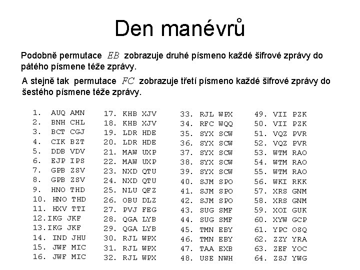 Den manévrů Podobně permutace EB zobrazuje druhé písmeno každé šifrové zprávy do pátého písmene