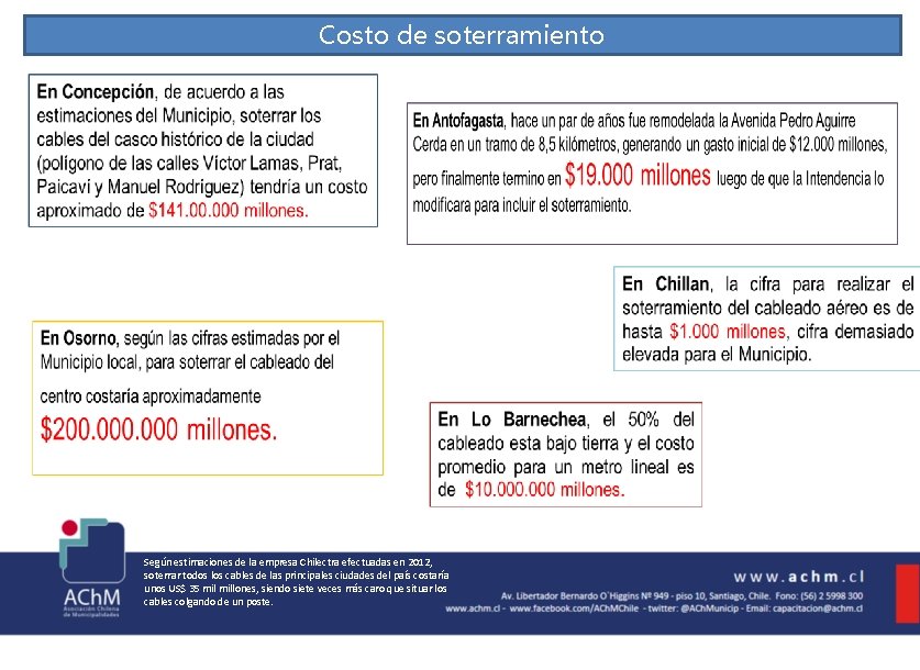 Costo de soterramiento Según estimaciones de la empresa Chilectra efectuadas en 2012, soterrar todos