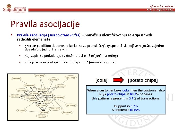 Informacioni sistemi Prof. dr Angelina Njeguš Pravila asocijacije § Pravila asocijacije (Association Rules) –