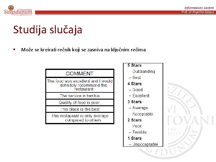 Informacioni sistemi Prof. dr Angelina Njeguš Studija slučaja § Može se kreirati rečnik koji