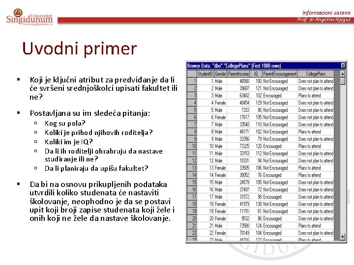 Informacioni sistemi Prof. dr Angelina Njeguš Uvodni primer § Koji je ključni atribut za