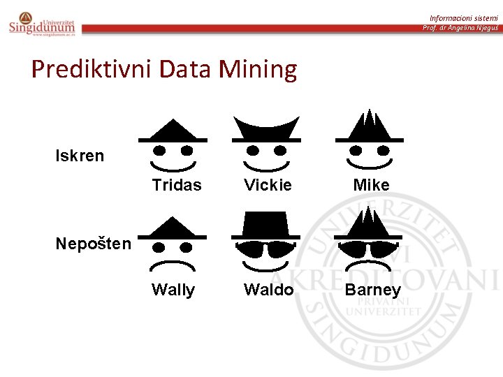 Informacioni sistemi Prof. dr Angelina Njeguš Prediktivni Data Mining Iskren Tridas Vickie Mike Wally