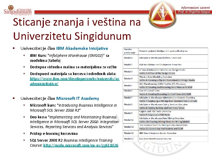 Informacioni sistemi Prof. dr Angelina Njeguš Sticanje znanja i veština na Univerzitetu Singidunum §