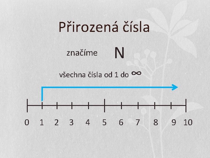 Přirozená čísla N značíme všechna čísla od 1 do ∞ 0 1 2 3