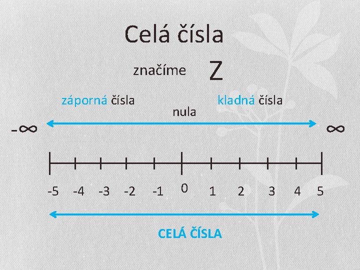 Celá čísla značíme záporná čísla -4 -3 -2 kladná čísla nula -∞ -5 Z