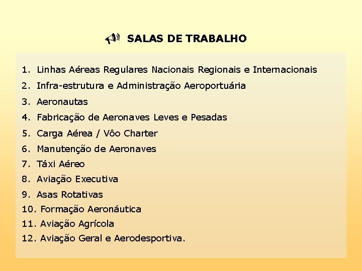  SALAS DE TRABALHO 1. Linhas Aéreas Regulares Nacionais Regionais e Internacionais 2. Infra-estrutura