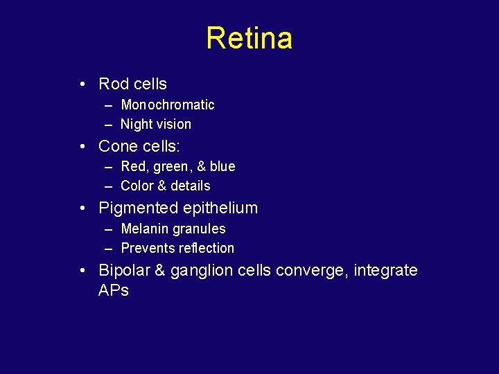 Retina • Rod cells – Monochromatic – Night vision • Cone cells: – Red,