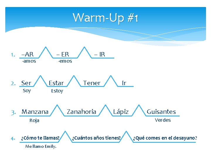 Warm-Up #1 1. –AR -amos – ER -emos 2. Ser Estar Soy Estoy 3.