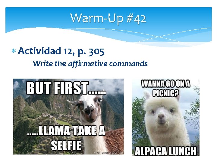 Warm-Up #42 Actividad 12, p. 305 Write the affirmative commands 