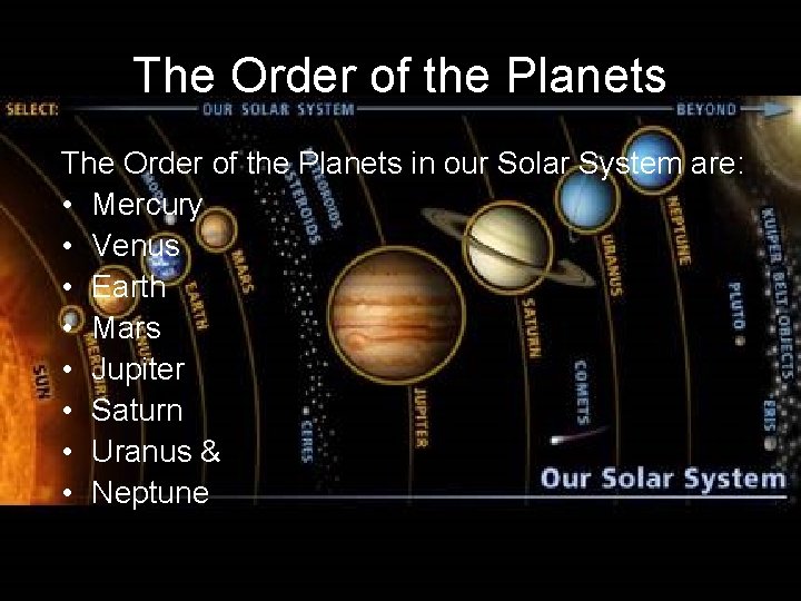The Order of the Planets in our Solar System are: • Mercury • Venus