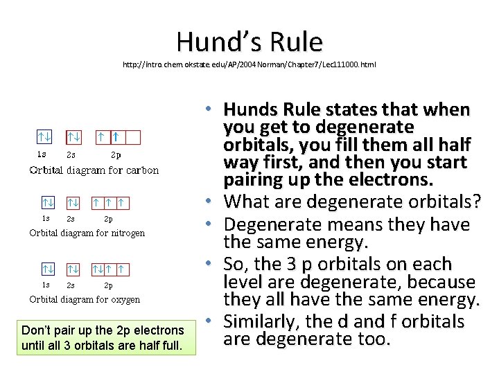 Hund’s Rule http: //intro. chem. okstate. edu/AP/2004 Norman/Chapter 7/Lec 111000. html Don’t pair up