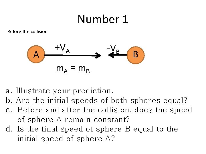 Number 1 Before the collision A +VA -VB B m. A = m B