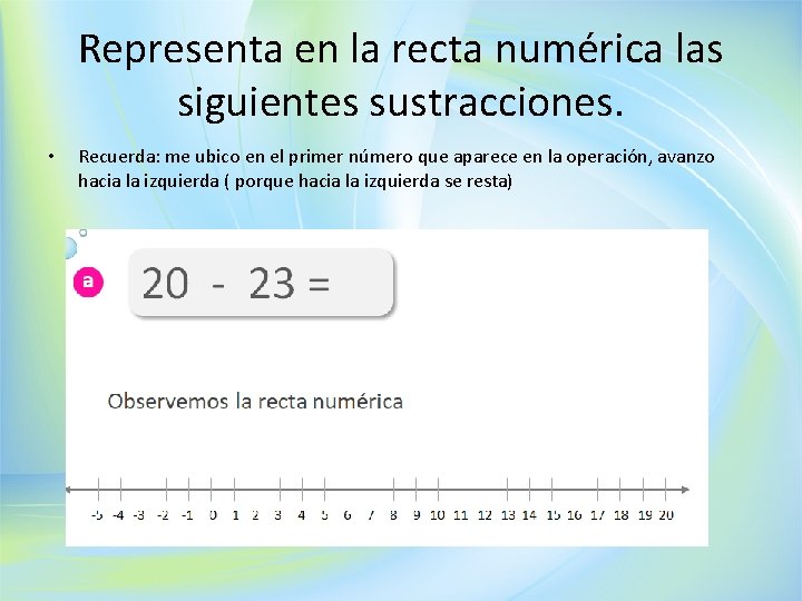 Representa en la recta numérica las siguientes sustracciones. • Recuerda: me ubico en el