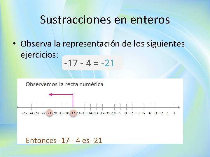 Sustracciones en enteros • Observa la representación de los siguientes ejercicios: -17 - 4