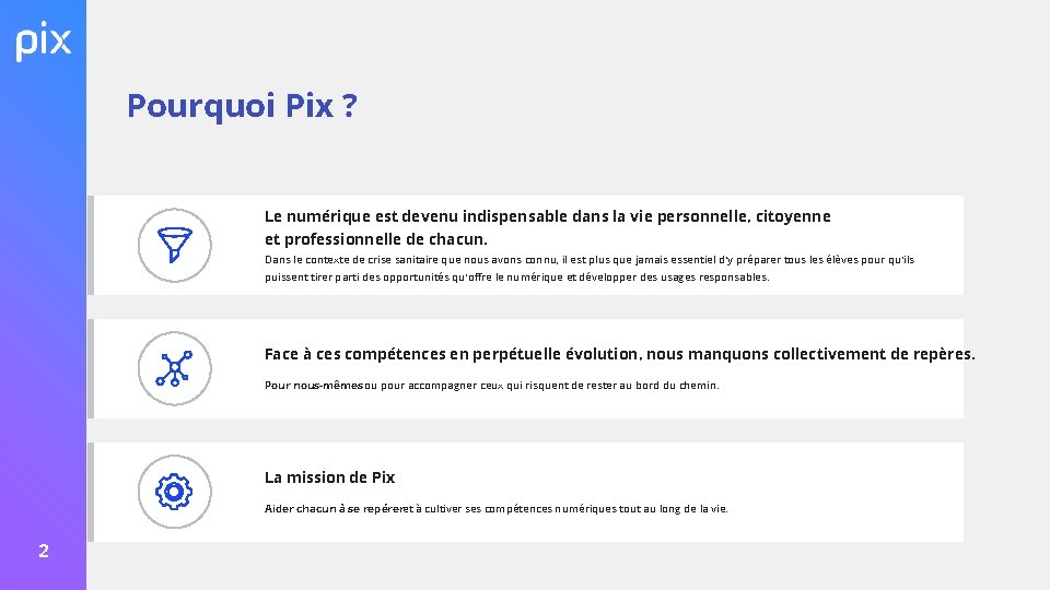 Pourquoi Pix ? Le numérique est devenu indispensable dans la vie personnelle, citoyenne et Pourquoi Pix ? Le numérique est devenu indispensable dans la vie personnelle, citoyenne et