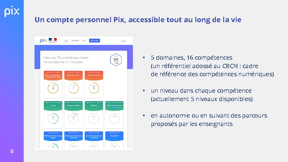 Un compte personnel Pix, accessible tout au long de la vie • 5 domaines, Un compte personnel Pix, accessible tout au long de la vie • 5 domaines,