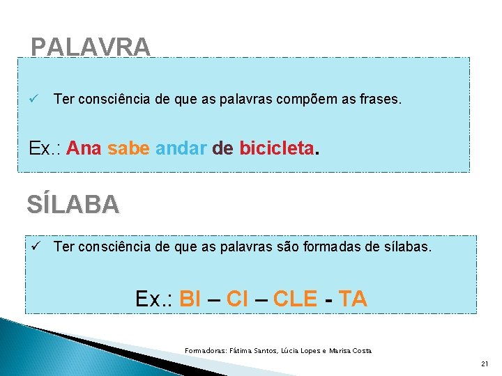 PALAVRA ü Ter consciência de que as palavras compõem as frases. Ex. : Ana