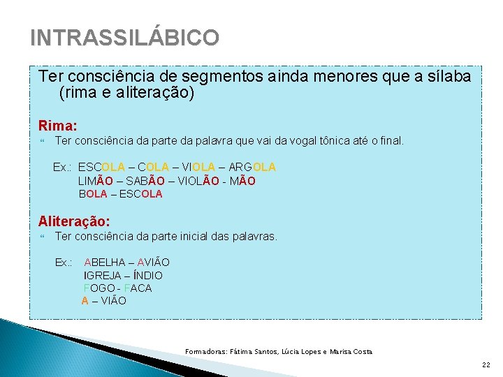 INTRASSILÁBICO Ter consciência de segmentos ainda menores que a sílaba (rima e aliteração) Rima: